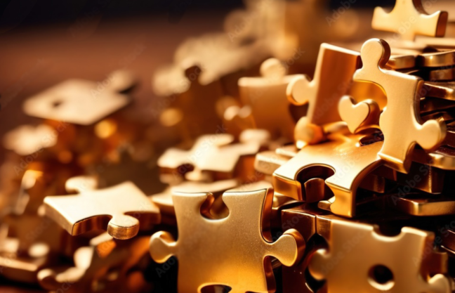 image of golden puzzle pieces on a darker background indicating Vanadis Media finding holistic and spiritual business owners marketing